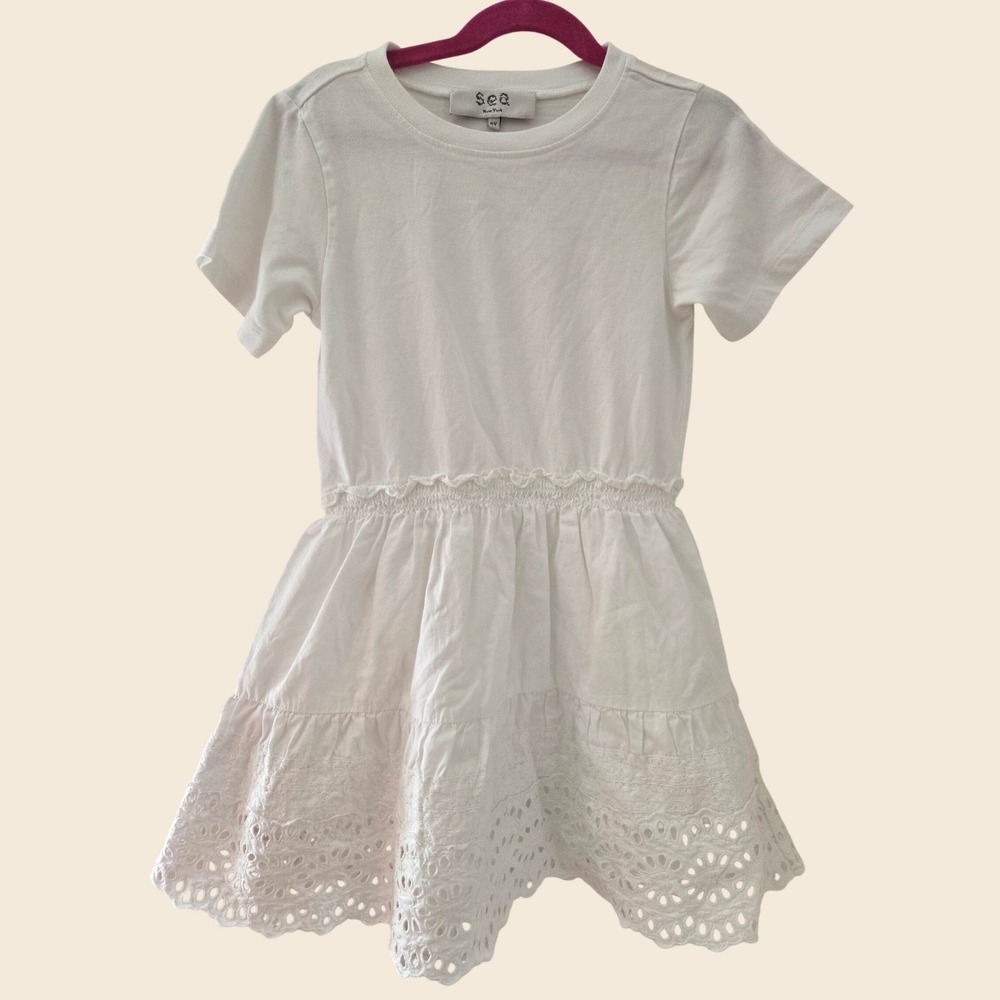 Sea New York Girls White Cotton Eyelet Smocked Tiered Dress Size 6Y